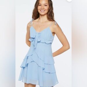 Forever 21 Tiered Flounce Mini Dress Flowy Ruffled with Bow Tie Powder Blue